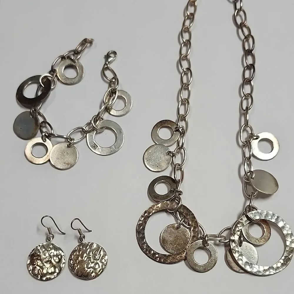 Sterling Silver Circle Necklace, Bracelet & Earring Set Mexico 925 Over 100 Gram